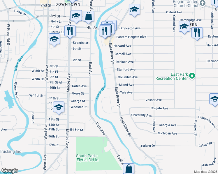 map of restaurants, bars, coffee shops, grocery stores, and more near 119 Brooklyn Street in Elyria