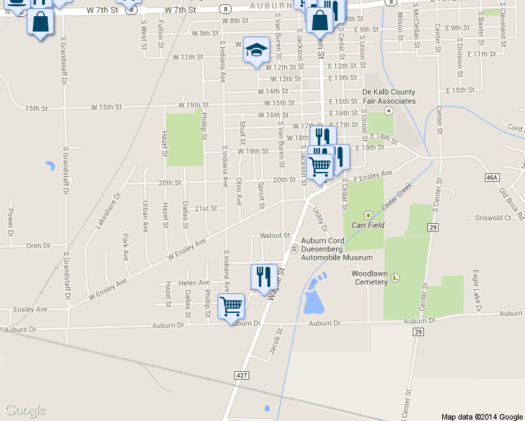 map of restaurants, bars, coffee shops, grocery stores, and more near 320 W Ensley Ave in Auburn
