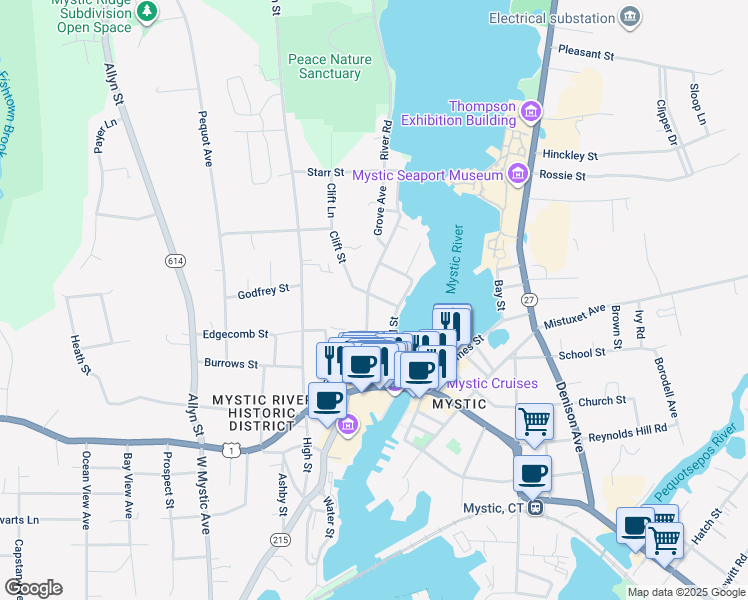 map of restaurants, bars, coffee shops, grocery stores, and more near 30 Clift Street in Groton