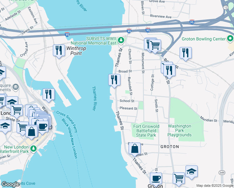 map of restaurants, bars, coffee shops, grocery stores, and more near 174 Thames Street in Groton