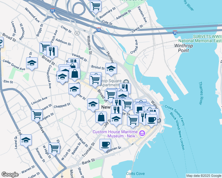 map of restaurants, bars, coffee shops, grocery stores, and more near 16 Prospect Street in New London