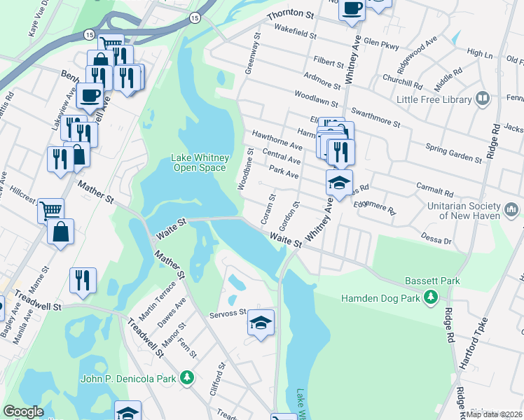map of restaurants, bars, coffee shops, grocery stores, and more near 45 Coram Street in Hamden