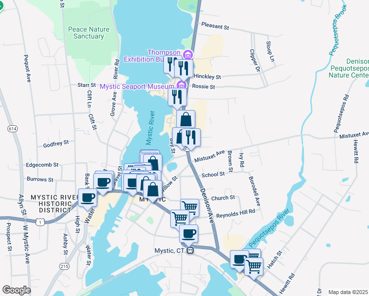map of restaurants, bars, coffee shops, grocery stores, and more near 11 Greenmanville Avenue in Stonington