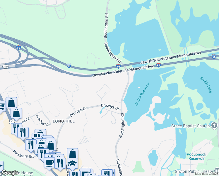 map of restaurants, bars, coffee shops, grocery stores, and more near 425 Drozdyk Drive in Groton