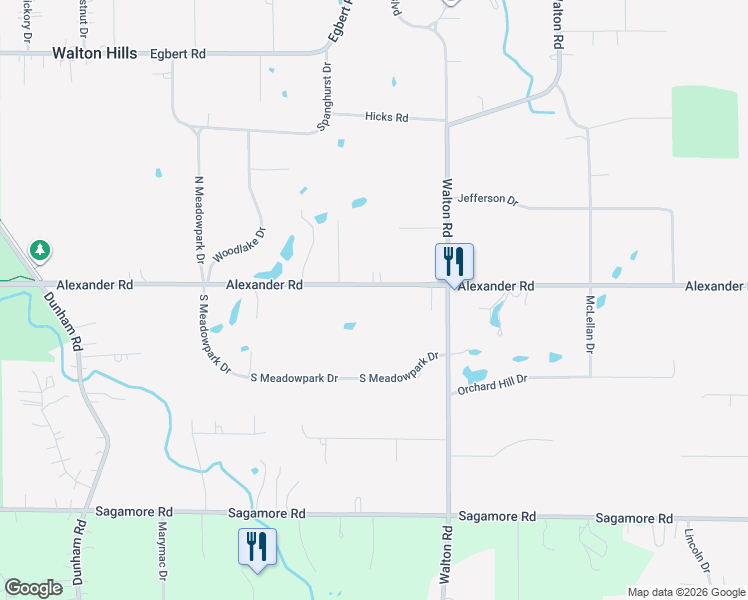 map of restaurants, bars, coffee shops, grocery stores, and more near 17684 Alexander Road in Walton Hills
