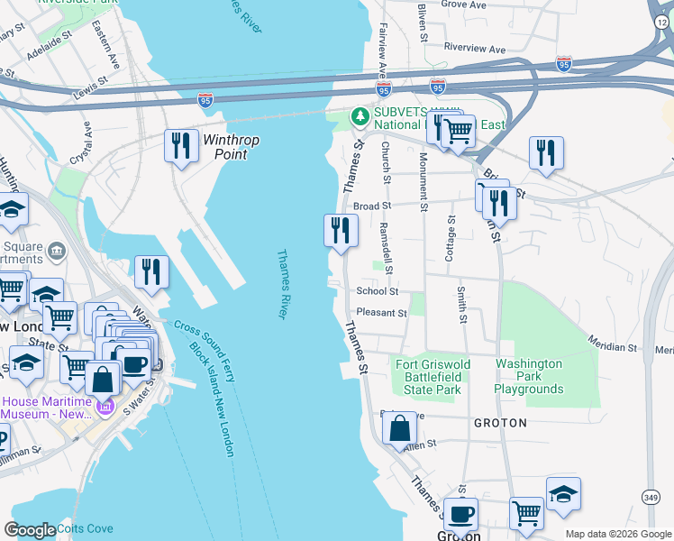map of restaurants, bars, coffee shops, grocery stores, and more near 185 Thames Street in Groton