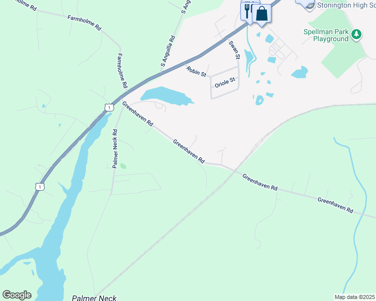 map of restaurants, bars, coffee shops, grocery stores, and more near Greenhaven Road in Stonington