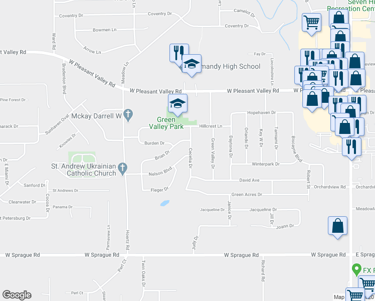 map of restaurants, bars, coffee shops, grocery stores, and more near 2410 Nelson Boulevard in Cleveland
