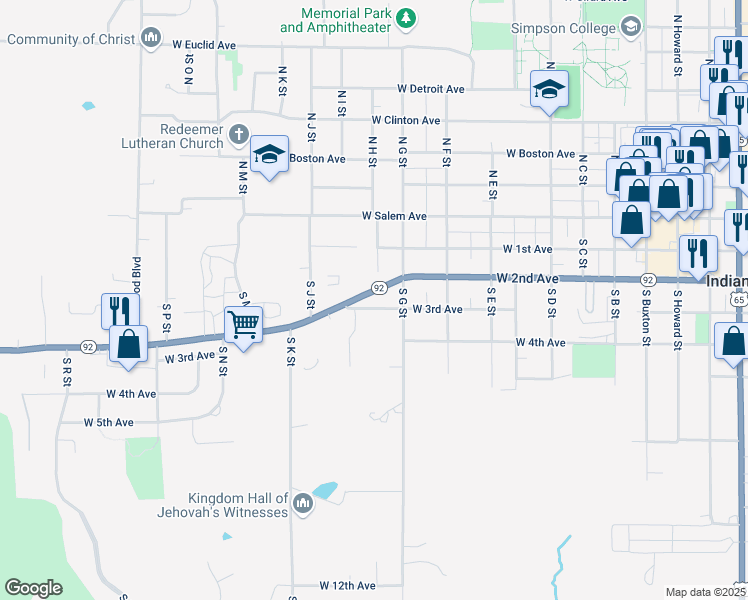 map of restaurants, bars, coffee shops, grocery stores, and more near 1002 West 2nd Avenue in Indianola