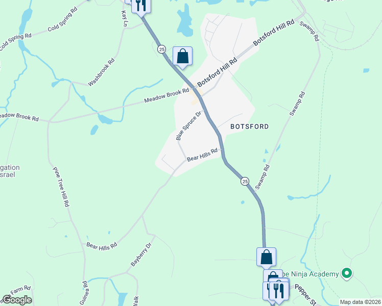map of restaurants, bars, coffee shops, grocery stores, and more near 8 Bear Hills Road in Newtown