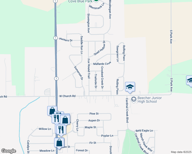 map of restaurants, bars, coffee shops, grocery stores, and more near 1438 Trailside Drive in Beecher