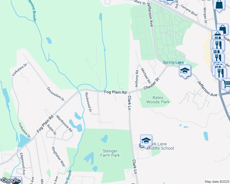 map of restaurants, bars, coffee shops, grocery stores, and more near Fog Plain Road & Windy Ridge Place in Waterford