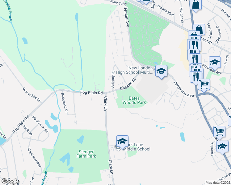 map of restaurants, bars, coffee shops, grocery stores, and more near 118 Chester Street in New London