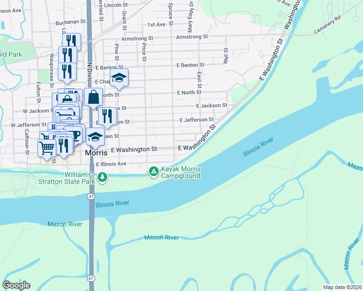 map of restaurants, bars, coffee shops, grocery stores, and more near 834 East Washington Street in Morris