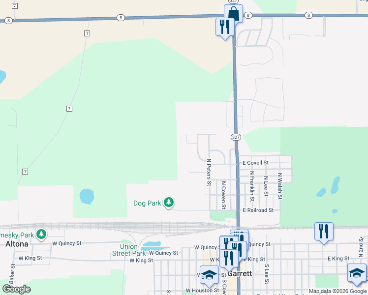 map of restaurants, bars, coffee shops, grocery stores, and more near 899 Greenfield Court in Garrett