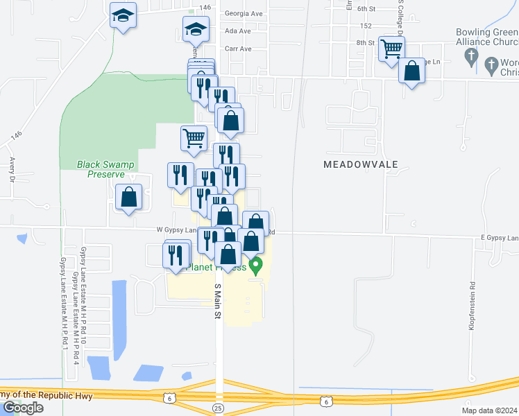 map of restaurants, bars, coffee shops, grocery stores, and more near 1097 Varsity Square in Bowling Green