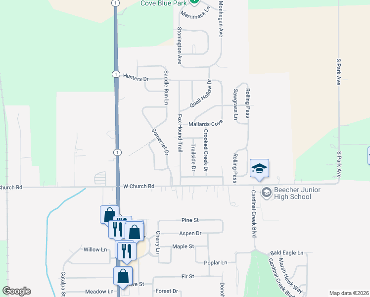 map of restaurants, bars, coffee shops, grocery stores, and more near 1438 Trailside Drive in Beecher