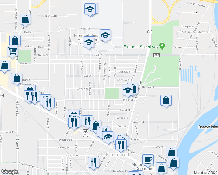 map of restaurants, bars, coffee shops, grocery stores, and more near 1100 Clinton Street in Fremont