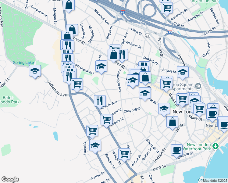 map of restaurants, bars, coffee shops, grocery stores, and more near 15 Ashcraft Road in New London