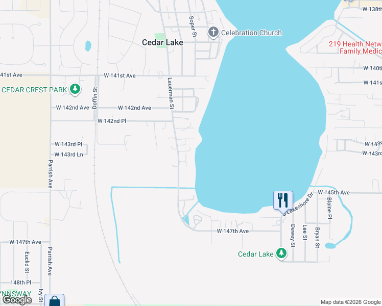 map of restaurants, bars, coffee shops, grocery stores, and more near 8702 West 143rd Place in Cedar Lake