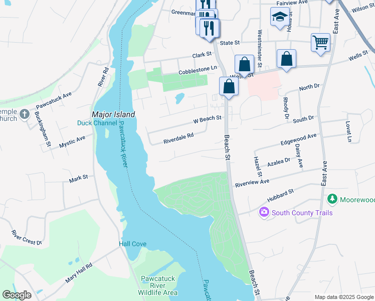 map of restaurants, bars, coffee shops, grocery stores, and more near 17 Lanphere Road in Westerly