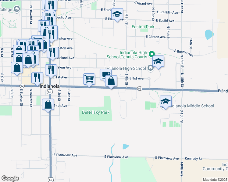 map of restaurants, bars, coffee shops, grocery stores, and more near 1007 East 2nd Avenue in Indianola