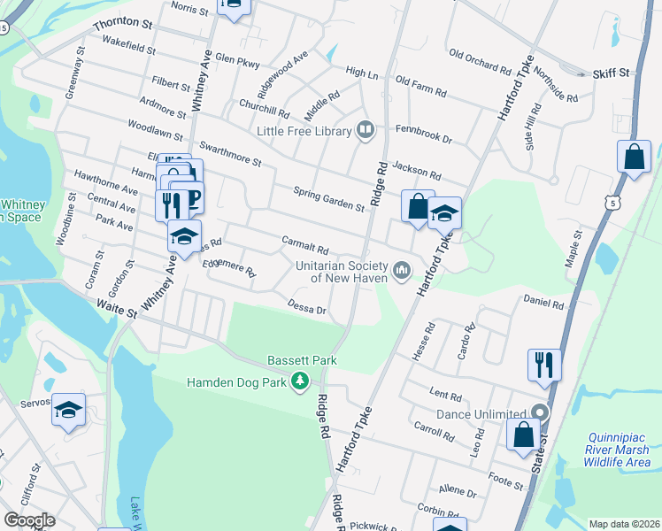 map of restaurants, bars, coffee shops, grocery stores, and more near 56 Wright Lane in Hamden