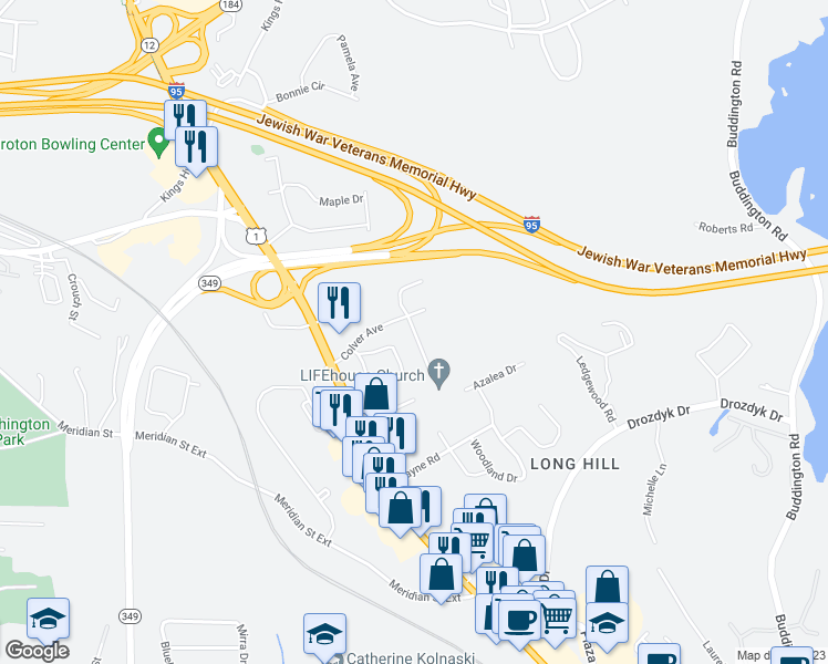 map of restaurants, bars, coffee shops, grocery stores, and more near 2 Courtland Drive in Groton