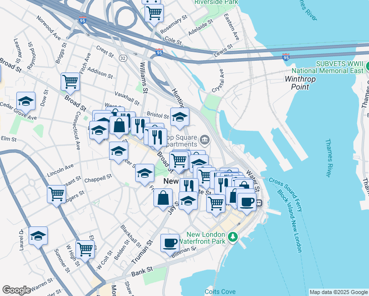 map of restaurants, bars, coffee shops, grocery stores, and more near 149 Huntington Street in New London