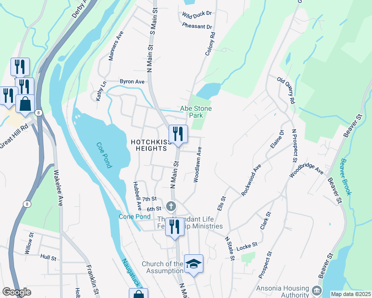 map of restaurants, bars, coffee shops, grocery stores, and more near 2 Colony Road in Ansonia