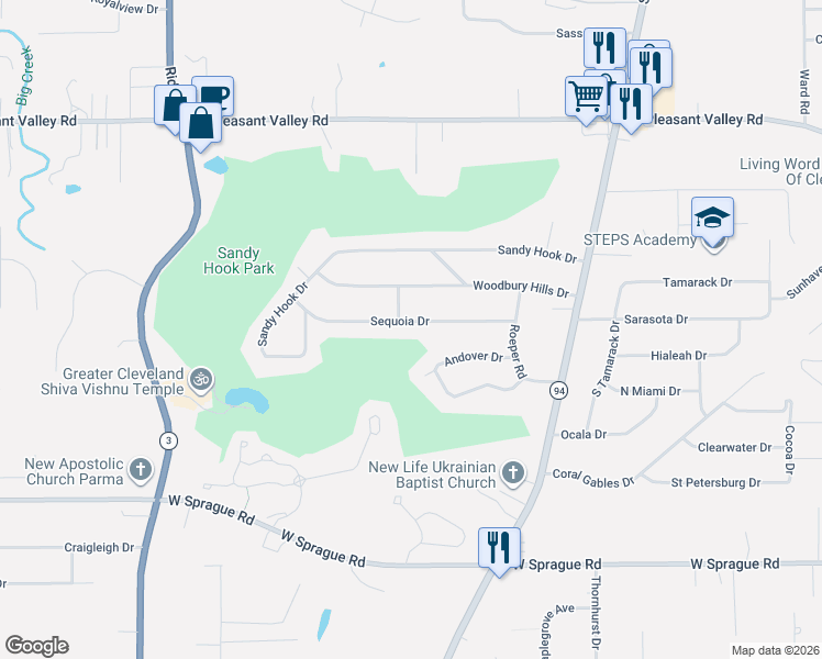 map of restaurants, bars, coffee shops, grocery stores, and more near 5821 Sequoia Drive in Parma