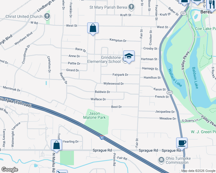 map of restaurants, bars, coffee shops, grocery stores, and more near 235 Wyleswood Drive in Berea