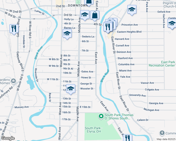 map of restaurants, bars, coffee shops, grocery stores, and more near 227 Gates Avenue in Elyria
