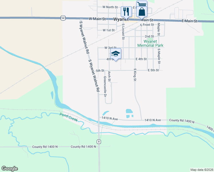 map of restaurants, bars, coffee shops, grocery stores, and more near 601 Greencastle Drive in Wyanet