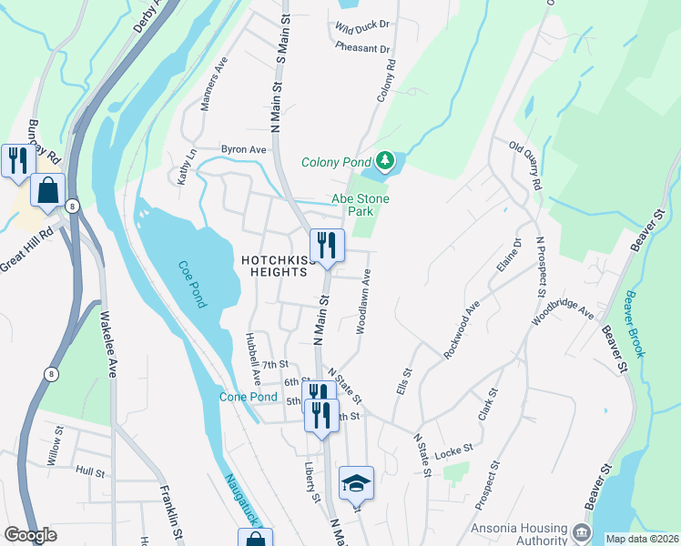map of restaurants, bars, coffee shops, grocery stores, and more near 2 Colony Road in Ansonia