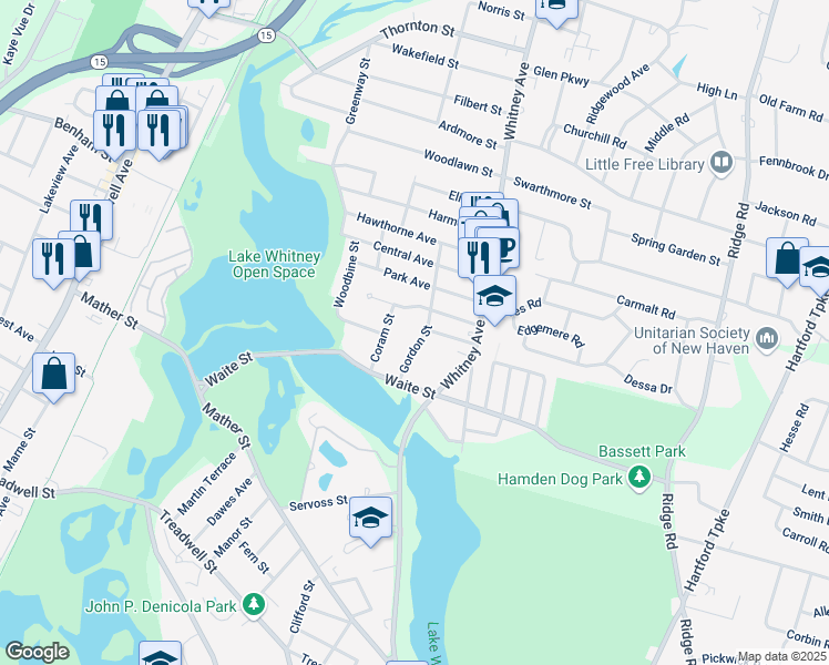 map of restaurants, bars, coffee shops, grocery stores, and more near 67 Gordon Street in Hamden