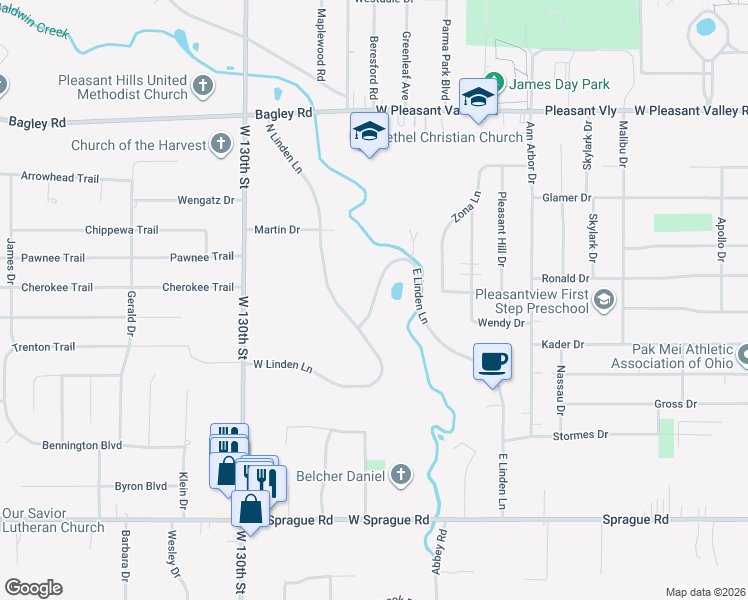 map of restaurants, bars, coffee shops, grocery stores, and more near 7666 Millerwood Lane in Parma