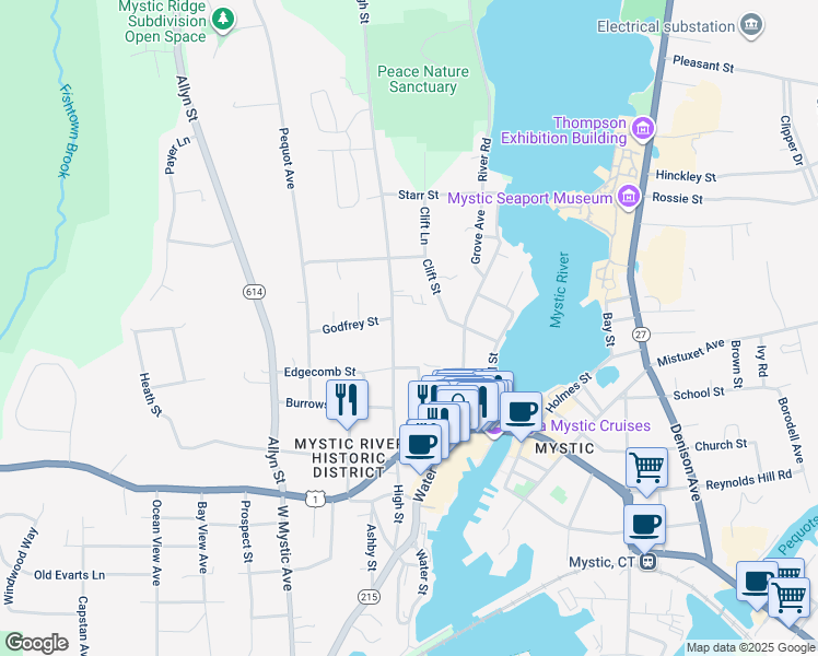 map of restaurants, bars, coffee shops, grocery stores, and more near 230 High Street in Groton