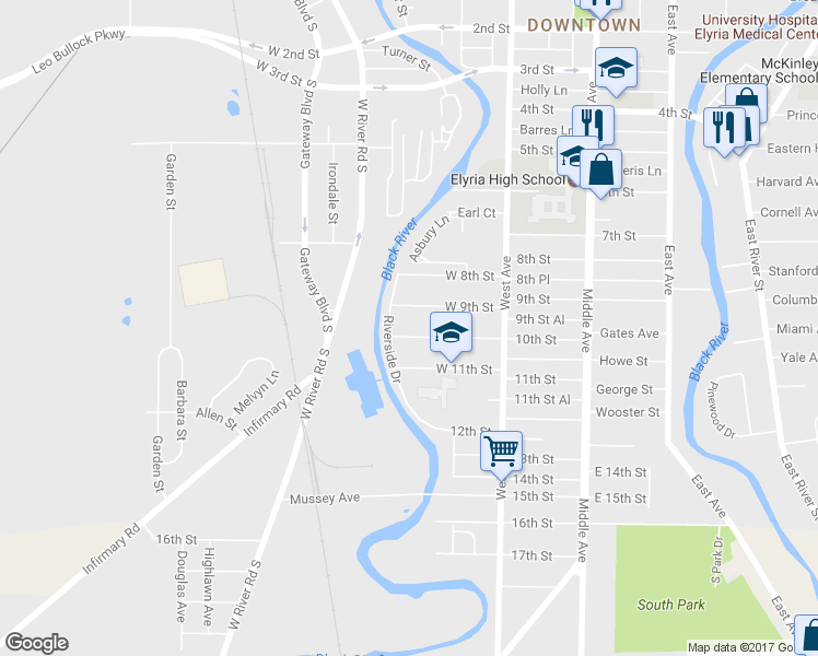 map of restaurants, bars, coffee shops, grocery stores, and more near 479 10th Street in Elyria