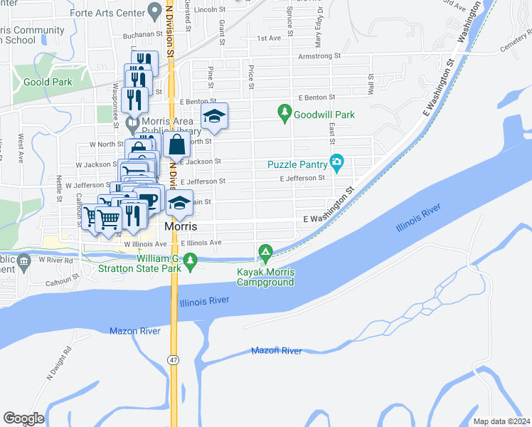 map of restaurants, bars, coffee shops, grocery stores, and more near 718 East Washington Street in Morris