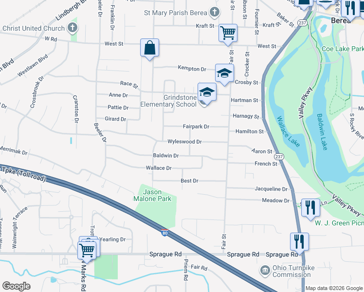 map of restaurants, bars, coffee shops, grocery stores, and more near 235 Wyleswood Drive in Berea