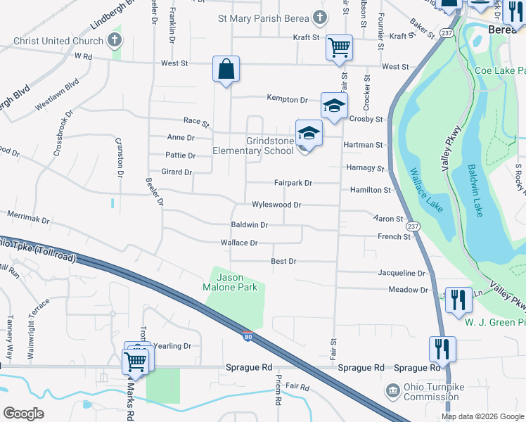 map of restaurants, bars, coffee shops, grocery stores, and more near 235 Wyleswood Drive in Berea