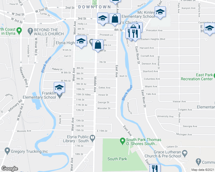 map of restaurants, bars, coffee shops, grocery stores, and more near 227 Gates Avenue in Elyria