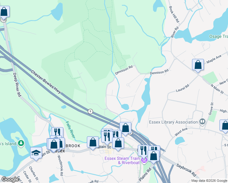 map of restaurants, bars, coffee shops, grocery stores, and more near 76 Dennison Road in Essex