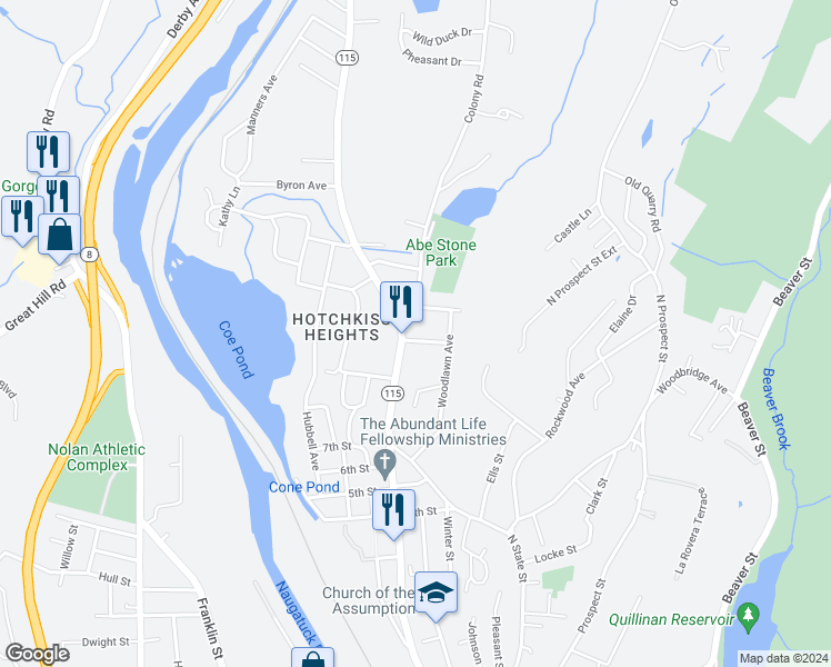 map of restaurants, bars, coffee shops, grocery stores, and more near 9 Forest Avenue in Ansonia