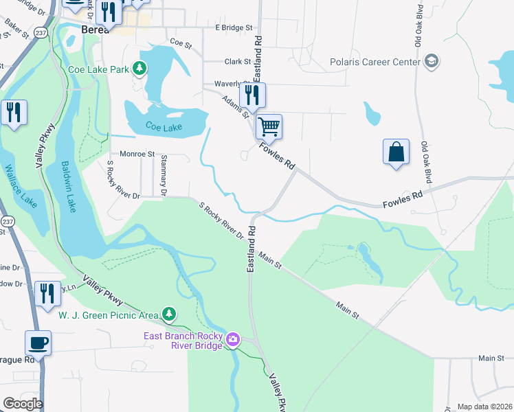 map of restaurants, bars, coffee shops, grocery stores, and more near 7660 Eastland Road in Berea
