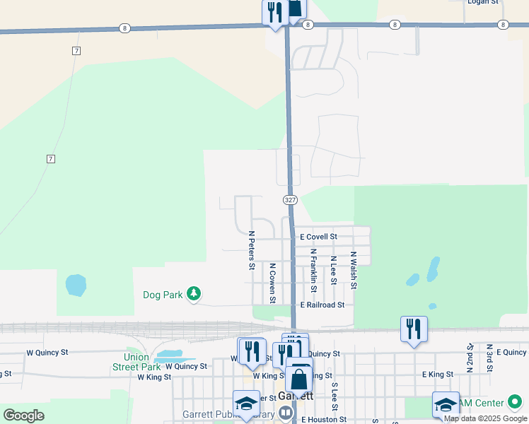 map of restaurants, bars, coffee shops, grocery stores, and more near 701-799 North Francis Street in Garrett