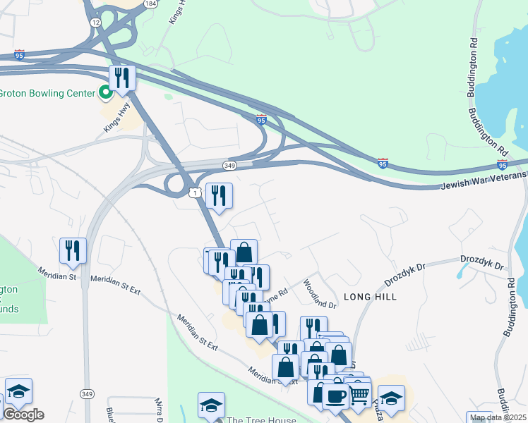 map of restaurants, bars, coffee shops, grocery stores, and more near 1 Courtland Drive in Groton
