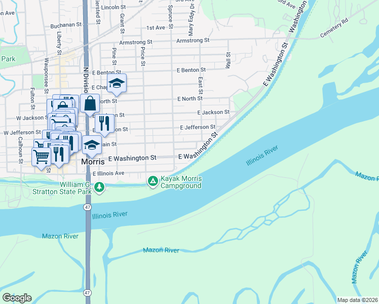 map of restaurants, bars, coffee shops, grocery stores, and more near 834 East Washington Street in Morris