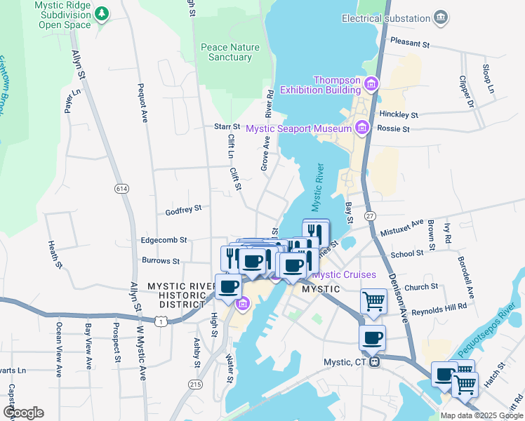 map of restaurants, bars, coffee shops, grocery stores, and more near 30 Clift Street in Groton